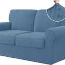 CHUN YI 5 Piece Stretch Loveseat Sofa Cover, 2 Seater Couch Slipcover with Two Separate Backrests and Cushions with Elastic Band, Checks Spandex Jacquard Fabric(Medium,Denim Blue)