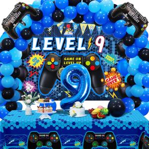 Vlipoeasn 90PCS Video Game Party Decorations for Boys Set Blue - 9th Birthday Supplies - Video Game Backdrop, Balloons, Tablecloth, Gamer and 9 Foil Balloons