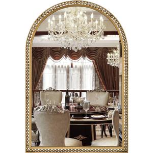 24" x 36" Arch Wall Mirror, Antique Gold Metal Beaded Frame Bathroom Mirror, Vintage Classic Distressed Hanging Mirror for Vanity Mantel Entryway Living Room