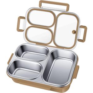Stainless Steel Lunch Box for Kids & Adults - 25 oz - Leakproof 3 Compartment Metal Lunch Container - 18/8 Stainless Steel Bento Box - Ideal for School, Office & Outdoor - Dishwasher Safe (Khaki)