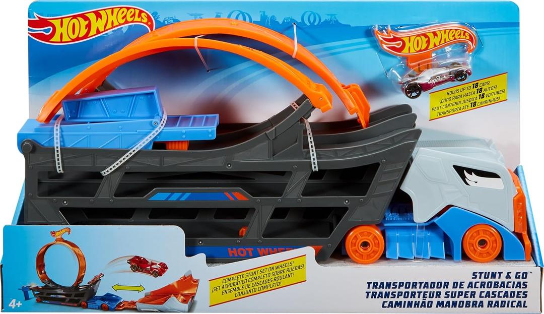 Hot Wheels Toy Car Track Set, Stunt & Go Playset with 1:64 Scale Vehicle, Transforming Hauler Truck with Loop & Launcher, Stores 18 Vehicles (Multicolor)