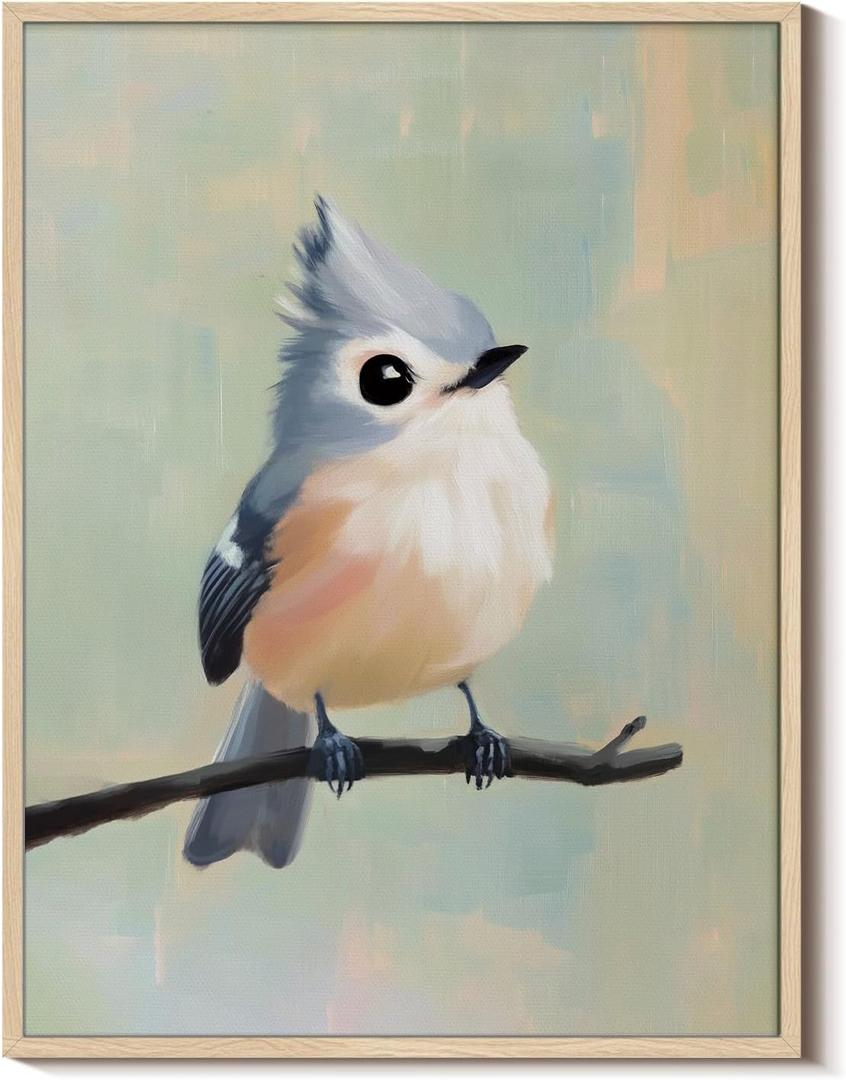 Cute Songbird on Branch Metal Framed Canvas Print Wall Art, 12x16 Bird Illustration with Soft Pastel Tones, Modern Animal Artwork Living Room Farmhouse Scandinavian Bedroom Nursery Office Decor