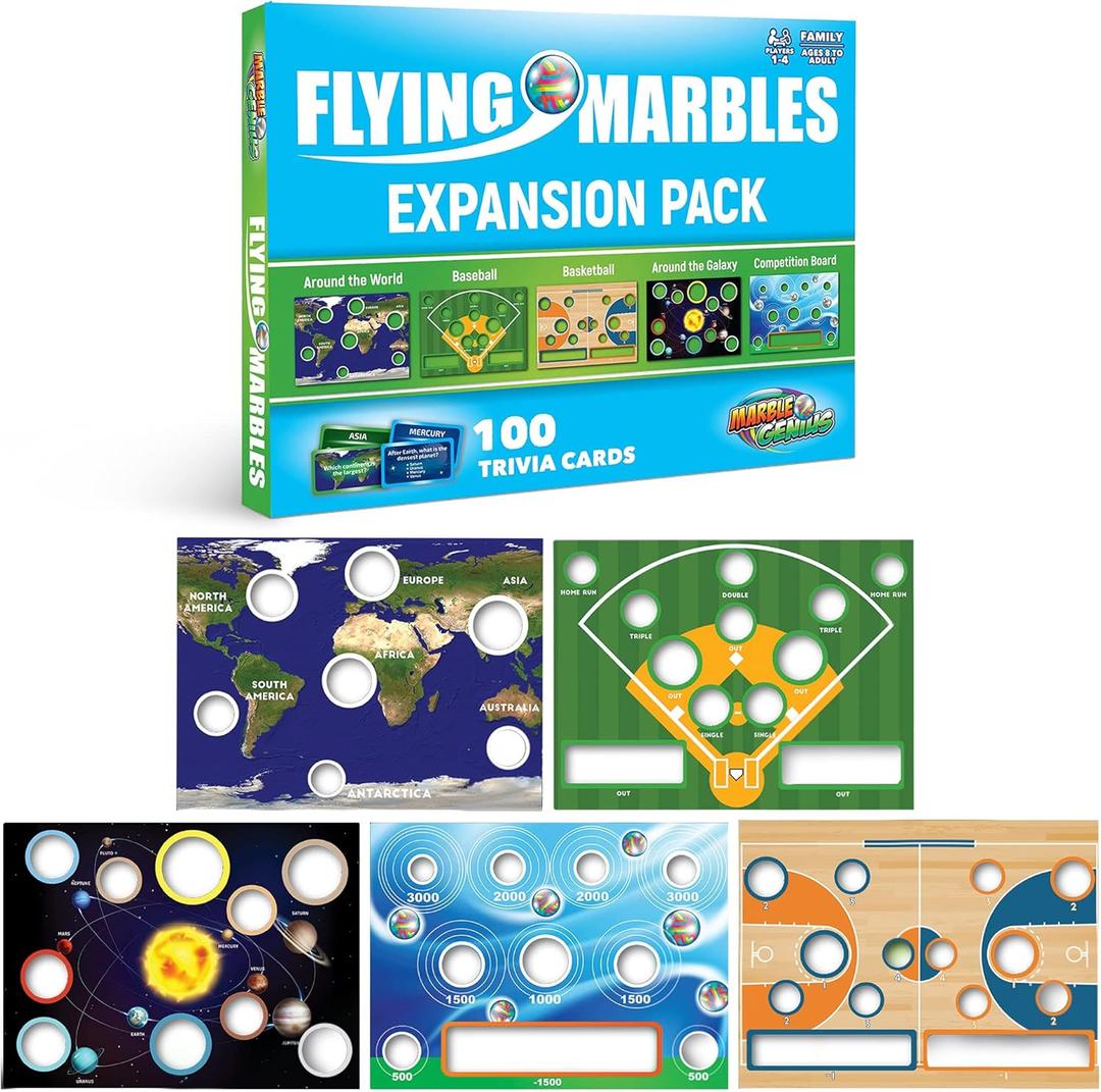 Marble Genius Flying Marbles Expansion Pack - 5 Boards + 100 Trivia Cards Set, Experience The Thrill of Racing, Includes an App with Additional Challenges That is Perfect for Kids, Teens, and Adults