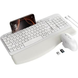SABLUTE Wireless Keyboard and Mouse Combo, Ergonomic Wave Keys, Cushioned Palm Rest, Rechargeable, Phone Holder, Natural Typing, 2.4G Lag-Free, MA22 Plus Full Size Keyboards Set for Windows/Mac, White