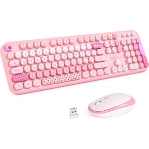 Wireless Keyboard and Mouse Combo - Lovely Pink Rainbow 2.4G Full-Sized Colorful Keyboards, Round Keycap USB Dongle Plug Play Cute Keyboards for Windows, Laptop, PC, Desktop, Mac