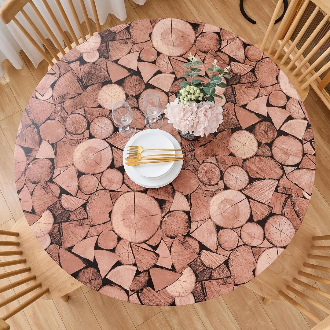 Pioggia Round Vinyl Fitted Tablecloth with Flannel Backing Elastic Table Cloth Waterproof Oil-Proof Plastic Table Cover Best for 37"-44" Round