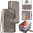 Asuwish Phone Case for Samsung Galaxy S21 5G 6.2 inch Zipper Wallet Magnetic Detachable Cell Cover with Tempered Glass Screen Protector Crossbody Strap Flower Card Holder S 21 21S G5 Women Girls Gray
