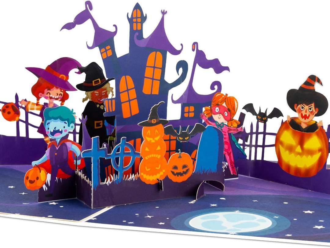 3 x Halloween Pop Up Card with Haunted House and Costumed Kids  3D Halloween Greeting Card for Kids, Grandson, Granddaughter, Boys, Girls, Birthday or Trick or Treat  Includes Envelope and Blank Note Card