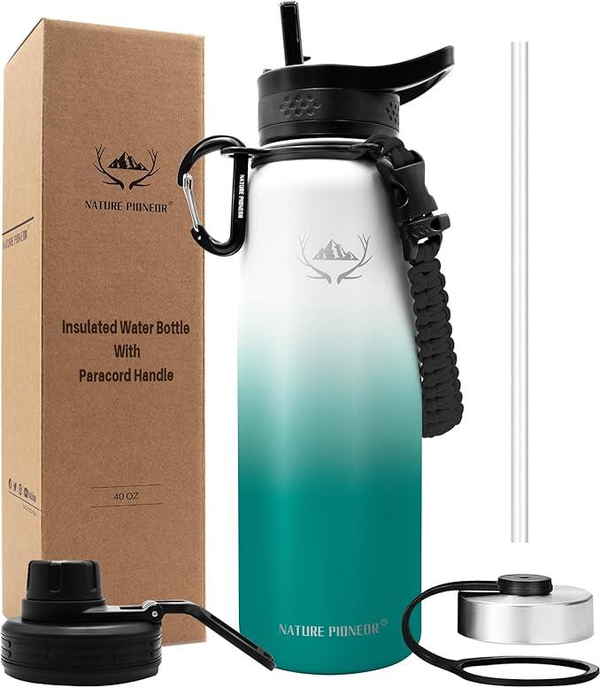 NATURE PIONEOR Insulated Water Bottles with Paracord Handle - 40 oz Vacuum Sports Wide Mouth Water Bottle with 3 Lids, Leak Proof Stainless Steel Keeps Hot and Cold (White green)