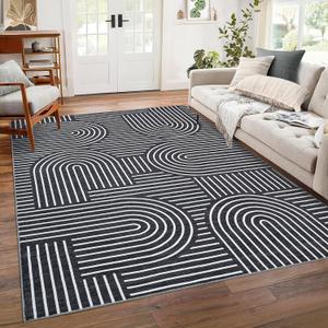 Washable Rug 8x10 Area Rugs for Living Room, Abstract Rug for Bedroom, Soft Rainbow Non Slip Throw Rugs with Rubber Back, Low Pile Stain Resistant Boho Geometric Carpet for Dining Room, Black