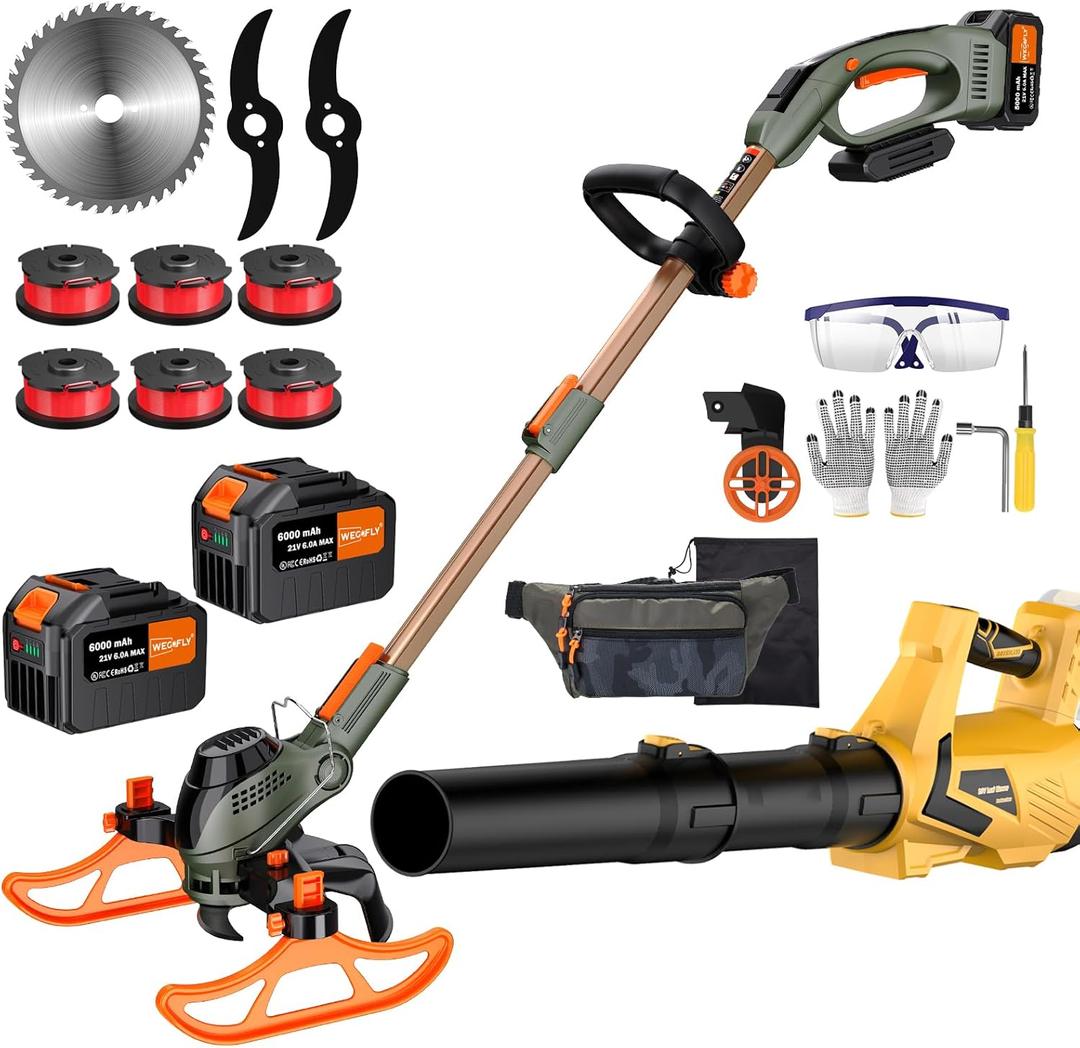 13-Inch String Trimmer Cordless,(2 x 21V 6.0Ah Batteries & Charger), Trimmer/Edger/Lawn Mower/Brush Cutter 4-in-1 + Leaf Blower Cordless, 5-Variable Speed & Turbo Mode