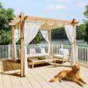 KYBOLT 10x10 Ft Outdoor Pergola with Retractable Canopy Metal Gazebo Imitation Wood-Grain Column with Side Mesh Screen Modern Pavilion for Backyard(Beige+White)