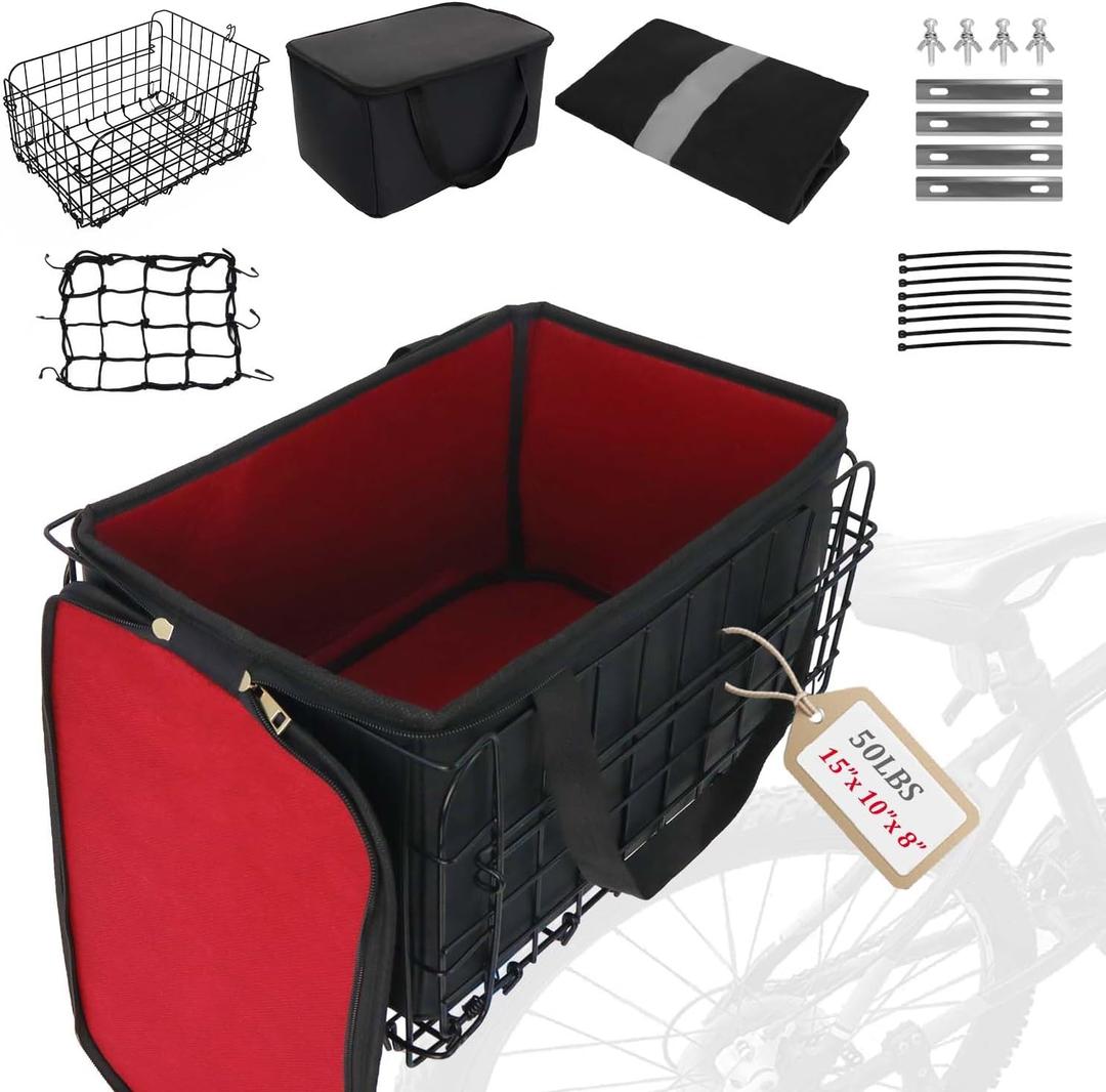 Folding Bike Basket Rear. 50LBS Rear Bicycle Cargo Rack with Quick Release Design, PU Liner Bag and Rainproof Cover, Suitable for Most Bikes and Mountain Bikes