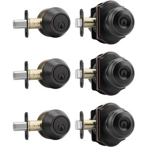 Haidms Exterior Deadbolt and Keyed Entry Bronze Door Knob Set, Keyed Entry Front Door Knobs, Deadbolt Oil Rubbed Bronze Doorknob with Lock and Key(3 Pack)