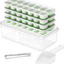 Ice Cube Tray with Lid and Bin, 4 Packs 56 Cubes Silicone Plastic Ice Cube Trays for Freezer, Stackable Ice Tray with Container, Ice Scoop,Ice Tong for Drinks, Coffee and Cocktails Green