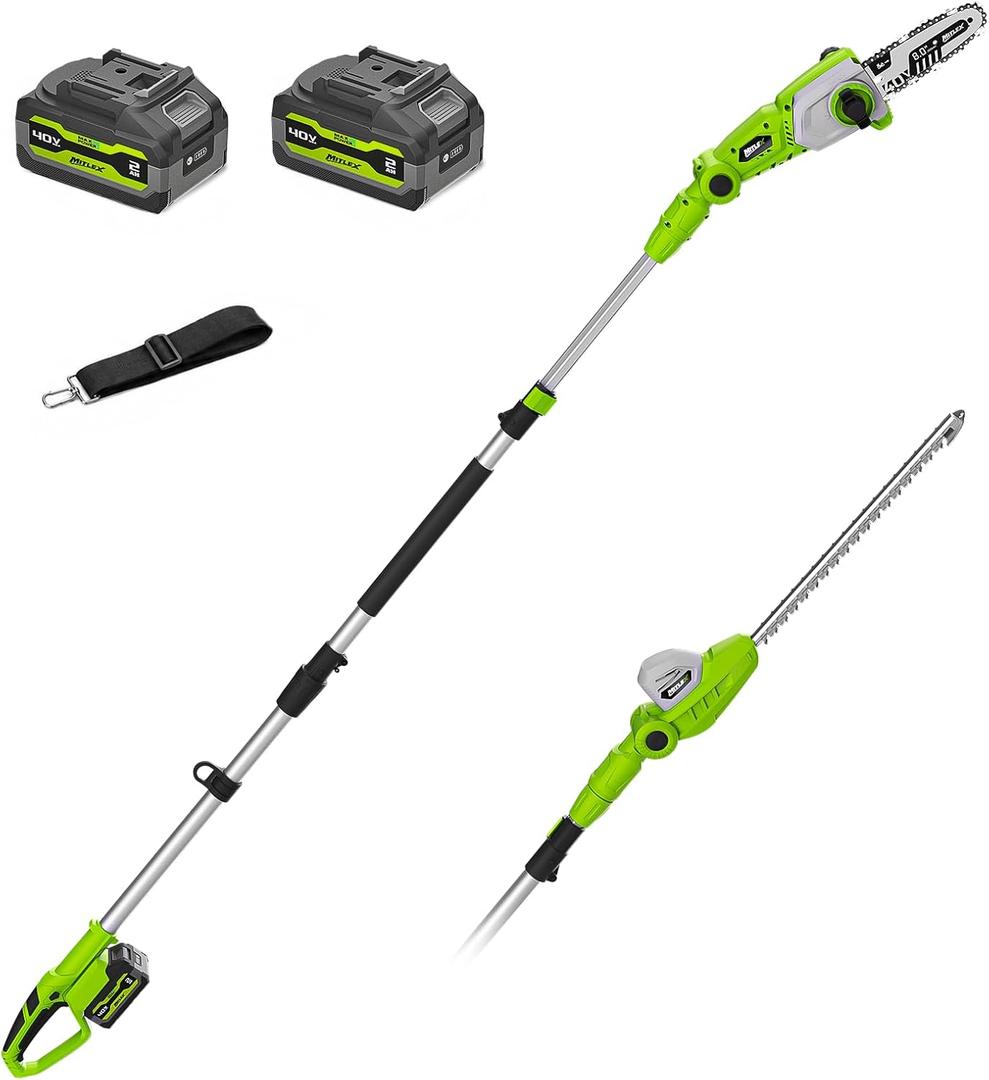 40V 2-in-1 Cordless Pole Saw & Hedge Trimmer, 8" Cutting Bar & 16" Blade Attachment 2 * 2.0Ah Battery and Charger Included