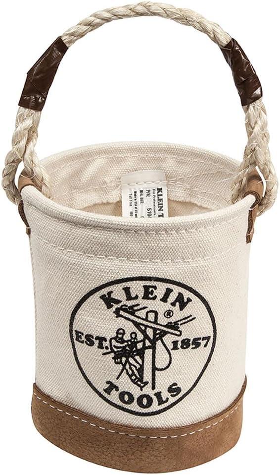 Klein Tools 5104MINI Mini Tool Bucket, All-Purpose Tool Bucket with Leather-Bottom, Nuts and Bolt Bag with Reinforced Rope Handle, Small Utility Pouch