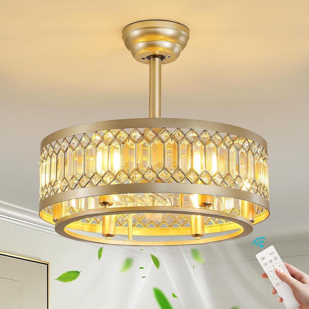 KAISITE Caged Ceiling Fan with Lights 20 Inch Crystal Gold Fandelier Ceiling Fan with Remote Semi-Flush Downrod Bladeless Chandelier Fan Light Ceiling Fixture for Bedroom Kitchen Living Room, Large