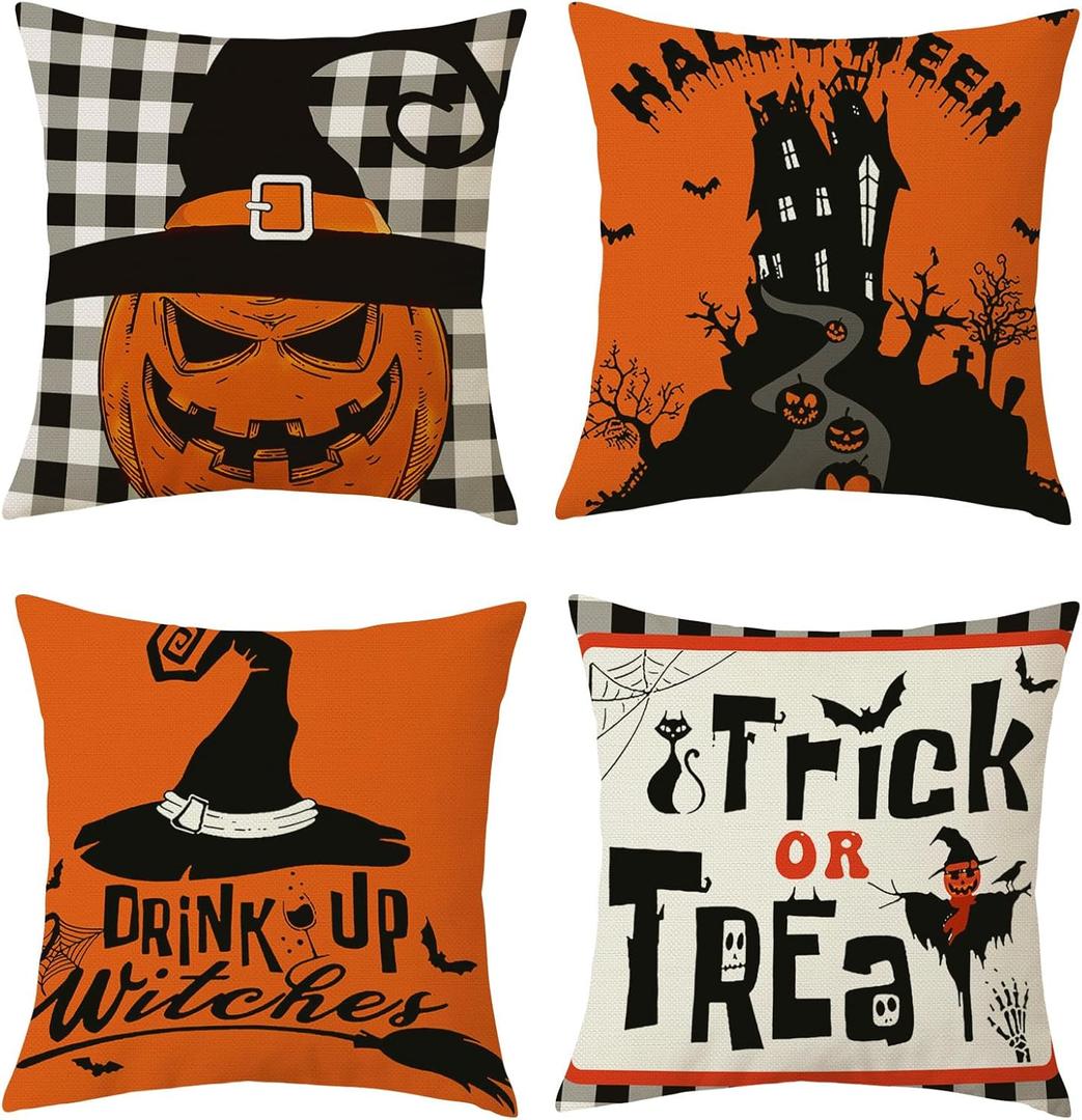 Happy Halloween Trick or Treat Throw Pillow Covers 18x18 Inch Set of 4 Witch Hat Pumpkins Bats Black Cat Cushion Covers Home Decor for Couch Cushion Cases