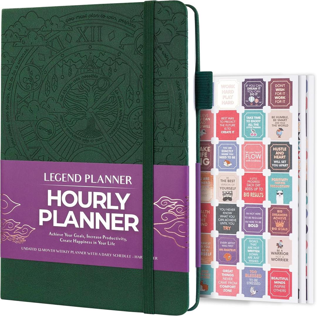 Legend Planner Hourly Schedule Edition  Deluxe Weekly & Daily Organizer with Time Slots. Time Management Appointment Book Journal for Work & Personal Life, Undated, A5 Hardcover  Dark Green Debossed