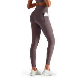 Leggings with Pockets for Women, 25" Inseam High Waist Tummy Control & Squat Proof Yoga Pants for Workout, Everyday Wear (Brown, XXL)