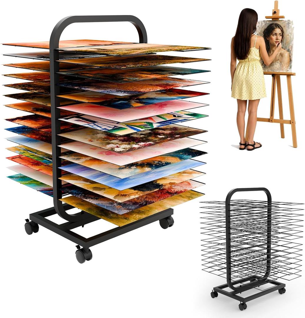 Art Drying Rack for Classroom,Art Storage Rack with 28 Removable Shelves,Metal Paint Drying Canvas Stand with Lockable Wheels, 15.15 x 10.8 inches