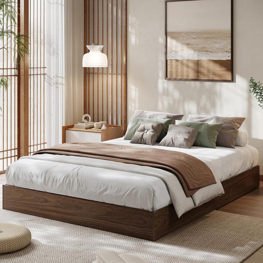 IDEALHOUSE California King Bed Frame, Floor-Standing Platform Design with Wooden Slats, Modern Minimalist Low-Profile Style, Easy Assembly for Bedroom, No Box Spring Needed, Walnut Wood