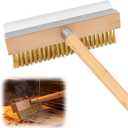 Reallnaive 1 Pack 37 Inch Wood Handle Pizza Oven Brush with Scraper Outdoor Pizza Oven Cleaning Brush Tool, Aluminum Threaded Tip, Brass Bristles with Steel Scraper