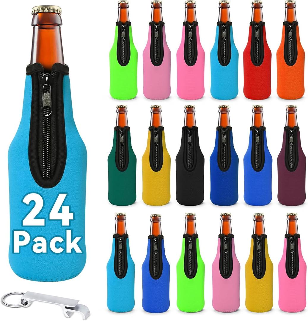 24 Pack Beer Bottle Sleeves Insulator, Thick Neoprene Sublimation Coolers Jacket with Zip-up, Keep Drink Cold Holder with Opener for Summer Parties Supplies(Multicolour)