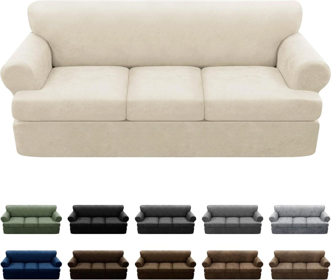 4-Pieces T Cushion Sofa Slipcovers Leather Look Couch Cover for 3 Cushion Couch Furniture Protector Stretch Sofa Cover with 3 Individual T Cushion Seat Covers Washable, Beige