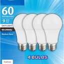 (4-Pack) Great Value 60W Replacement Bulbs 9W Non-Dimmable LED A19 in Daylight White (5000K, E26, Energy Star, 18 Year Life, 800 Lumens)