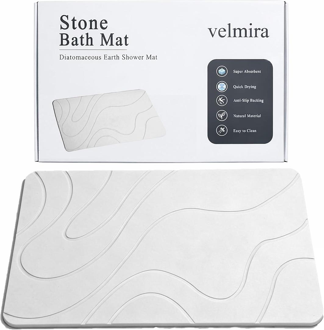 Stone Bath Mat, Quick Dry Shower Mat, Diatomaceous Earth Shower Mat, Non-Slip Hard Surface, Ultra Absorbent Bathroom Floor Mat for Tub, Entry, or Sink – 23.5" x 15.4", Gray White(Wave)