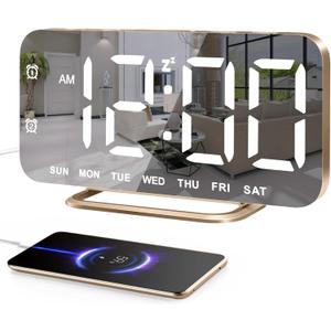 Slim LED Digital Alarm Clock, Mirror Surface for Makeup, with Diming, Large Display, Easy Setting, USB Charger Ports, Modern Bedroom, Desk, Office Living Room Decor, Christmas Birthday for Women Girl (Gold)
