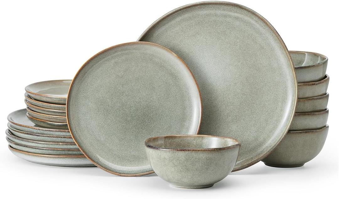 KINGSTONE Stoneware Dinnerware Sets, 18-Piece Reactive Glaze Porcelain Plates and Bowls Sets for 6, Handcrafted Rustic Ceramic Dishes Set, Highly Scratch Resistant, Dishwasher & Microwave Safe, Grey