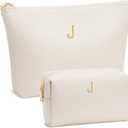 Mom Gifts| Initial Makeup Bag Set for Women Girls Personalized Gifts for Bridesmaid Teachers Graduation Friend Female PU Leather Cosmetic Travel Toiletry Bag(Beige,J)
