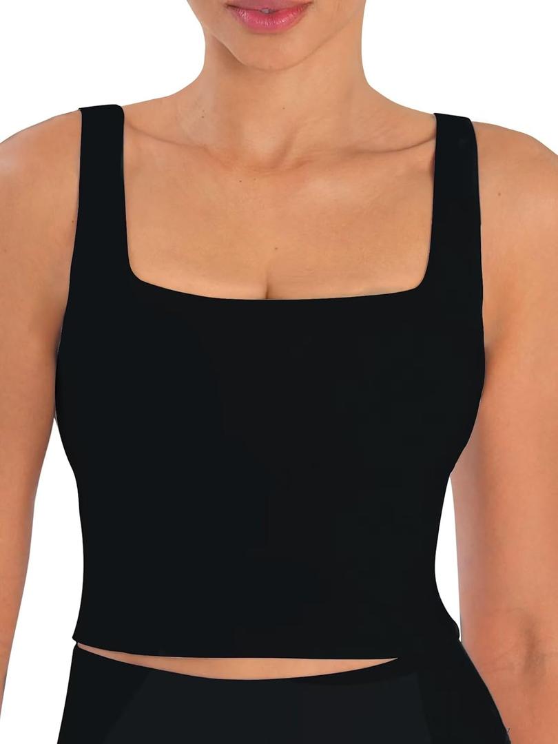 Sunzfly Women Square Neck Sport Bra with Removable Pads, Built-in Bra Crop Tank Top Summer Sleeveless Camisole Workout Yoga (Large, Black)