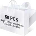 Klyyo Clyro 50 Pack 18 6 13.5 Inch Frosted Plastic Gift Bags with Handle Large Reusable Frosted Plastic Shopping Bags for Small Business, Boutiques, Retail, Wedding Party Favors (White Clear)