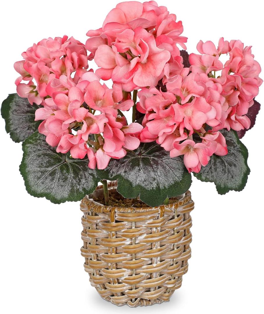 Briful Artificial Pink Geranium Flowers in Woven Basket, 11 Tall Silk Flower Arrangement, Realistic Geraniums Artificial Outdoor Plants for Home Indoor Farmhouse Table Wedding Centerpiece Decor