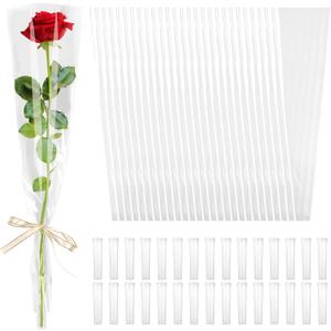 cridoz 100 Pcs Single Rose Sleeve with 100 Pcs Floral Water Tubes for Bouquets, Single Flower Sleeve Flower Wrapping Bags Flower Water Tubes for Mother's Day Graduation Party (Transparent)