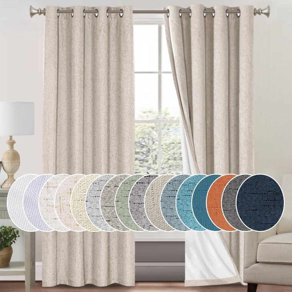 PrinceDeco Natural Linen Curtains 100% Blackout Linen Curtains for Bedroom Full Blackout Curtains 84 Inches Long Living Room Thermal Insulated Light Blocking Curtain Drapes White Backing, 2 Panels, Size: 52"W x 84"L 