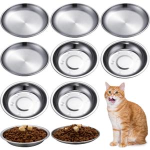 Domensi 8 Pieces Stainless Steel Cat Bowls 5.5 Inch Wide Flat Cat Dish Small Plate for Kittens Ferrets Wet and Dry Food