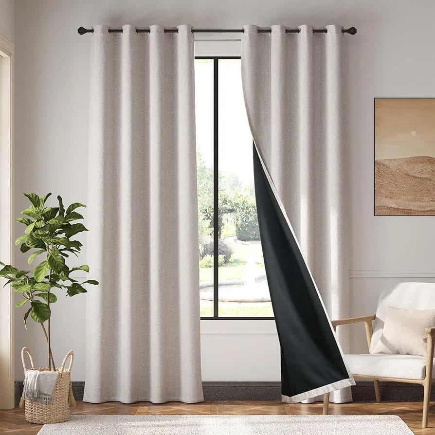 jinchan Room Darkening Curtains 90 Inch Long Grey, Faux Linen Curtain for Living Room, Thermal Insulated Room Darkening Grommet Top Window Drape, 2 Panels for Bedroom Gray