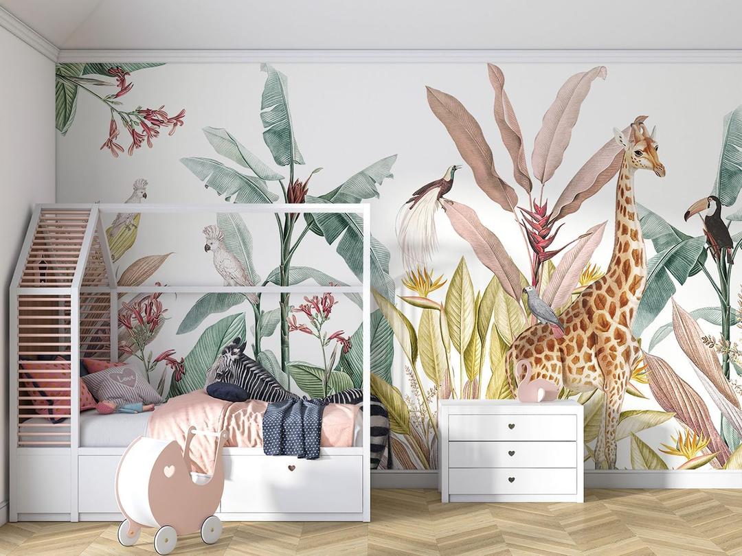 Tropical Banana Leaves and Safari Animals Wallpaper Mural for Kids Bedroom Background Wall (Not Peel and Stick) (Large 160"Wx112"H, M29)