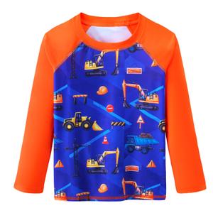 WAWSAM Boys Rash Guard Swim Shirts Long Sleeve UPF 50+ Swimwear Quick Dry Toddler Rash Guard for 4-6 Years (US, Age, 6 Years, Truck Orange)