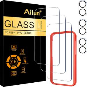 Ailun 3 Pack Screen Protector for iPhone 16 [6.1 inch] + 3 Pack Camera Lens Protector with Installation Frame,Case Friendly Tempered Glass Film,[9H Hardness][Not for iPhone 16e/16 Pro/Plus/Pro Max]