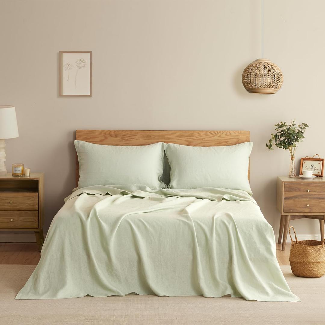 DAPU Pure Linen Sheets Set, 100% French Linen from Normandy, Breathable and Durable for Hot Sleepers, 4 Pcs Set - 1 Flat Sheet, 1 Fitted Sheet, 2 Pillowcases (Sage Green, Queen)