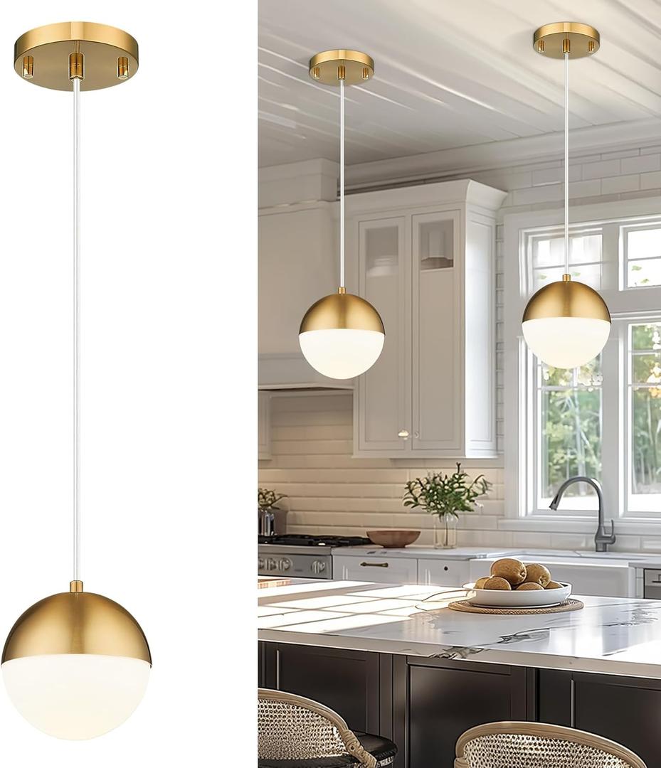 LMS Mid Century Pendant Lights, Brushed Gold Kitchen Island Light Fixtures with White Globe Glass Shade, Adjustable Hanging Cord, 2-Pack for Home Office Dining Room Bathroom, LMS-186PL-BGWS2PK