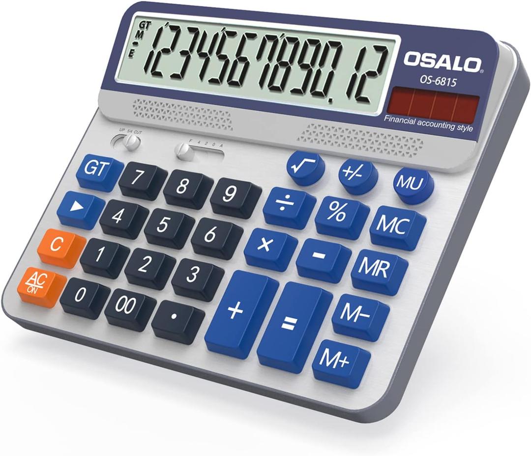 Desktop Calculator Extra Large 5-Inch LCD Display 12-Digit Big Number Accounting Calculator with Giant Response Button, Battery & Solar Powered, Perfect for Office Business Home Daily Use(OS-6815)