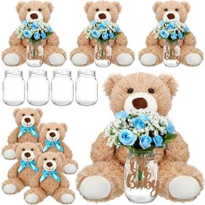 Sliner 33 Pcs Bear Centerpieces for Baby Shower Decorations Baby Shower Table Centerpieces with Bears Mason Jars Roses Bouquet Tags Burlap Rope for Gender Reveal Birthday Party Decoration(Blue)