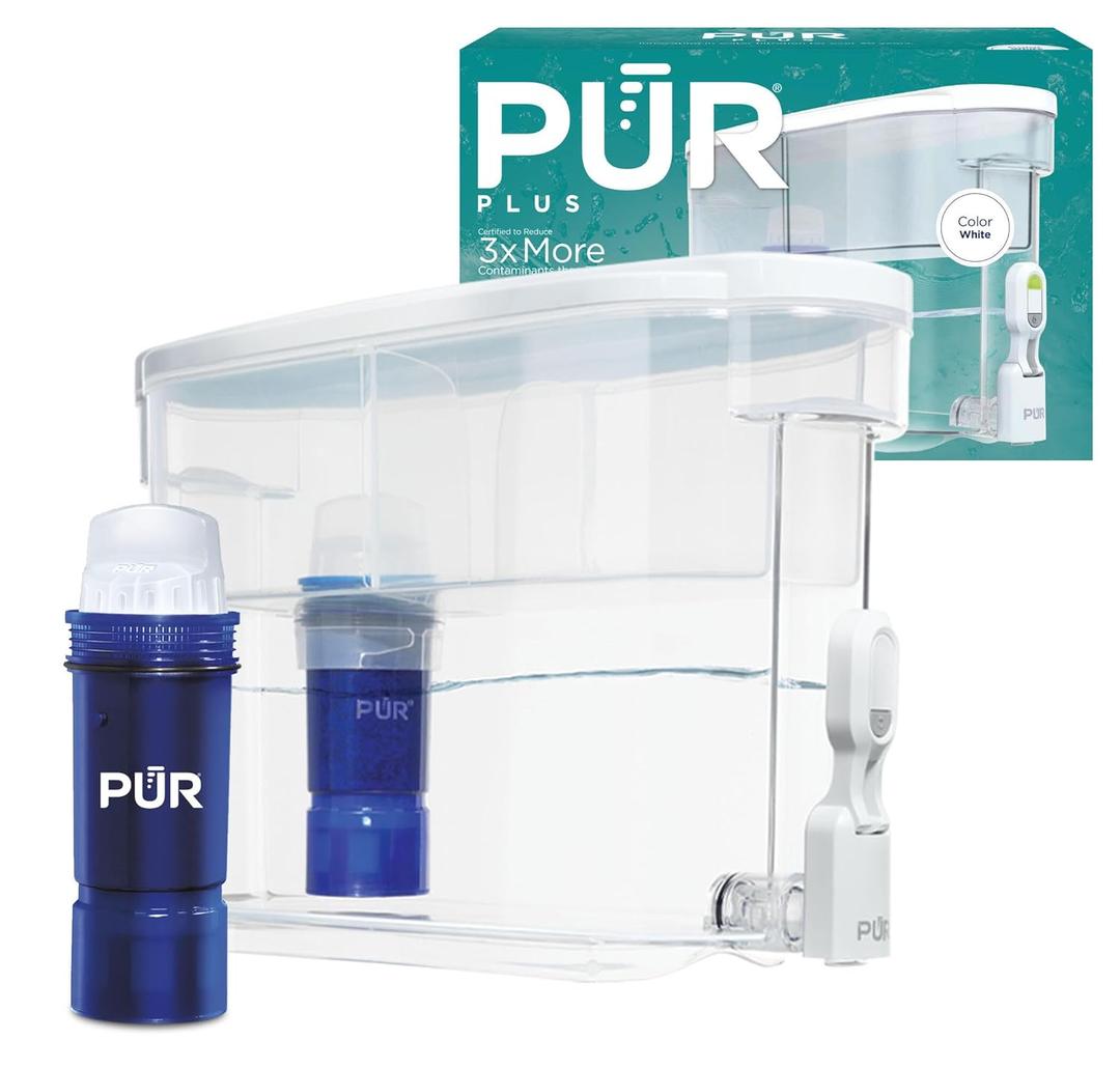 PUR PLUS 30-Cup Water Filter Dispenser with 1 Lead-Reducing PUR PLUS Filter, Dishwasher Safe, Powerful Filtration, Large Capacity with Slim, Space-Saving Design, White (DS1811Z)